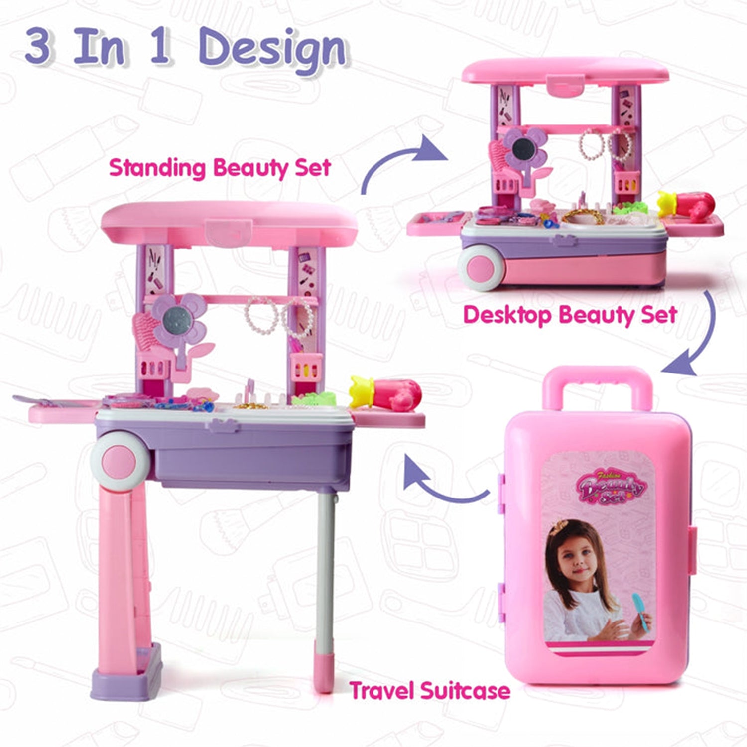 17746 Big Beauty Set Suitcase On Wheel, The Ultimate Beauty Set On Wheels for Girls, Makeup Kit is Easy to Clean & Use, Portable Beauty Set with 25 Pieces for 3 Years BIS Approved. (Beauty Set Trolley)