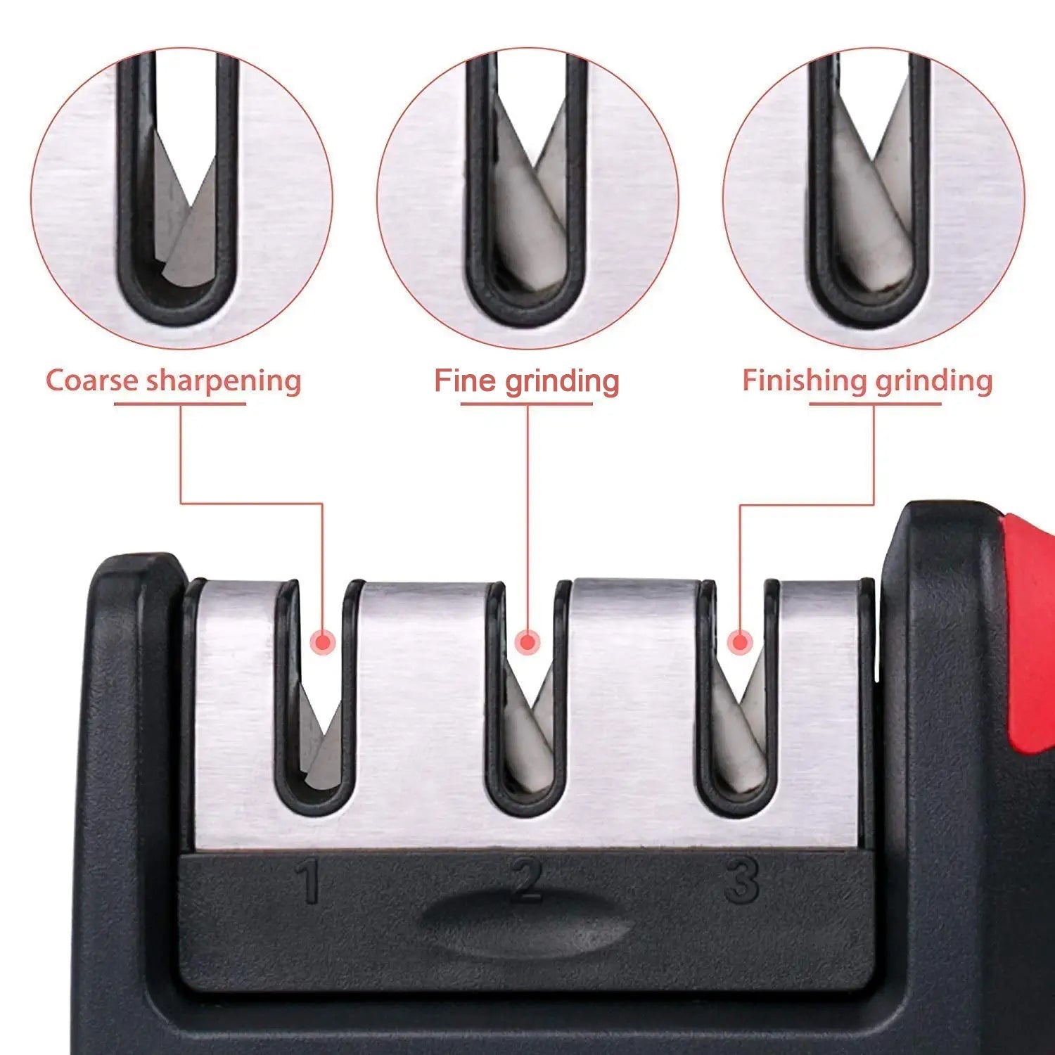 2051 Manual Red Knife Sharpener 3 Stage Sharpening Tool for Ceramic Knife and Steel Knives. 