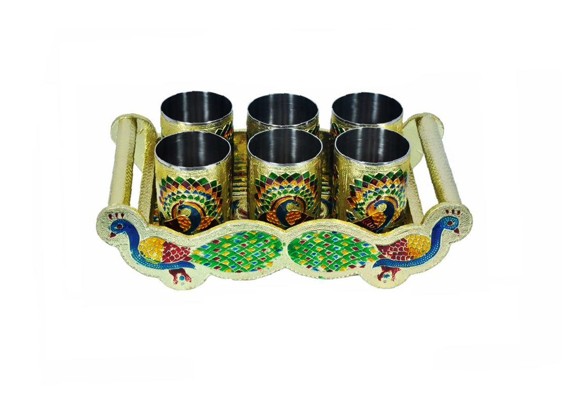 2125 Peacock Design Glass with Handle and Handicraft Serving Tray Set 