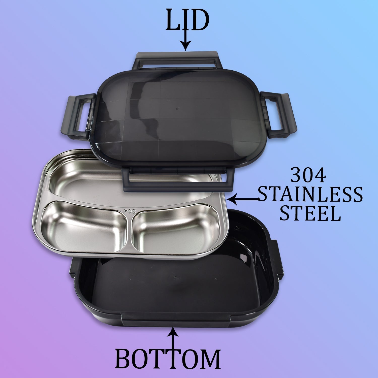 2976 Black Transparent Lunch Box for Kids and adults, Stainless Steel Lunch Box with 3 Compartments. 