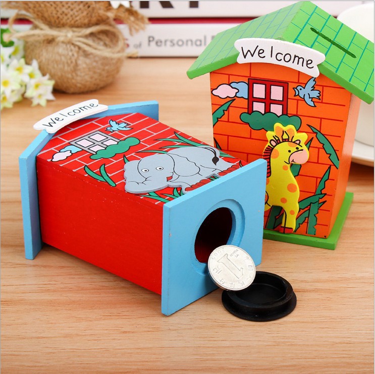 1663 Cute Cartoon House Shaped Lovely Wooden Piggy Bank Money Bank 