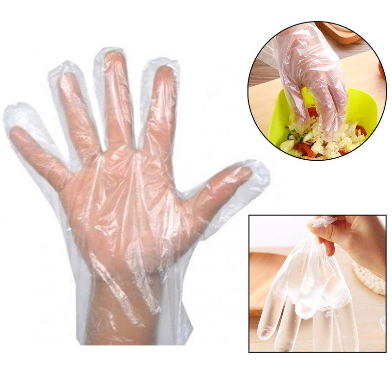 0670 Plastic Transparent Disposable Clear Gloves (White) (100Pc) 